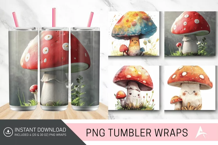 3D Cute Watercolor Mushroom Tumbler wrap