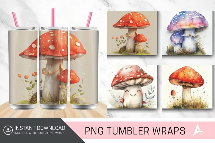 3D Cute Watercolor Mushroom Tumbler wrap