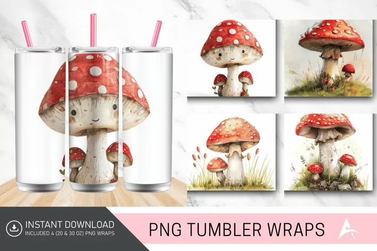 3D Cute Watercolor Mushroom Tumbler wrap