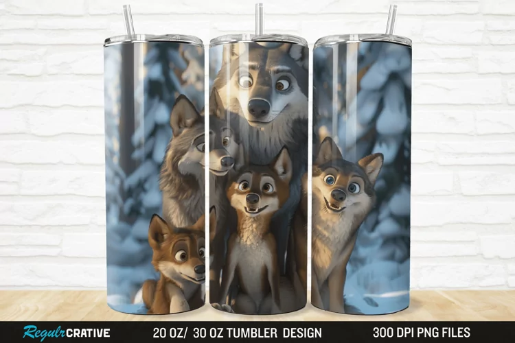 3D Cute Wolf Family 20/30oz Skinny Tumbler