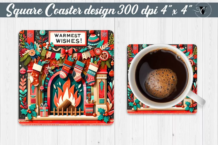 Square Coaster | Fabric applique | 3D Christmas coaster