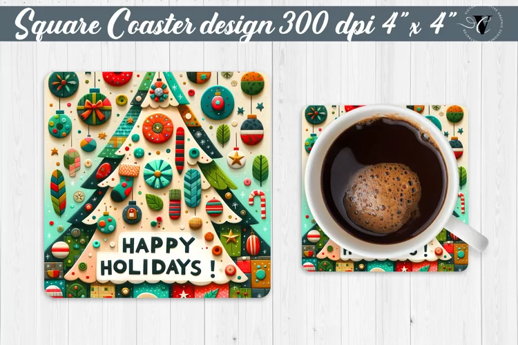 Square Coaster | Fabric applique | 3D Christmas coaster