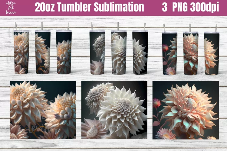 20oz Skinny Tumbler Sublimation. 3D Dahlias