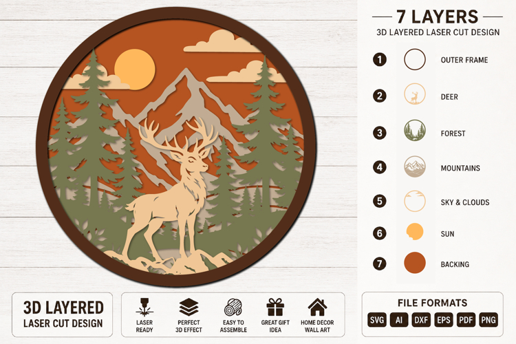 3D Deer Mandala Laser Cut Design