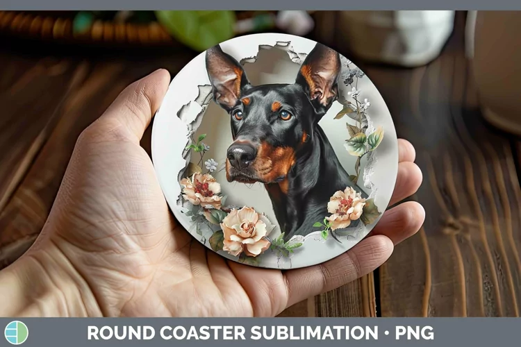 3D Doberman Pinscher Round Coaster | Sublimation Coaster Des