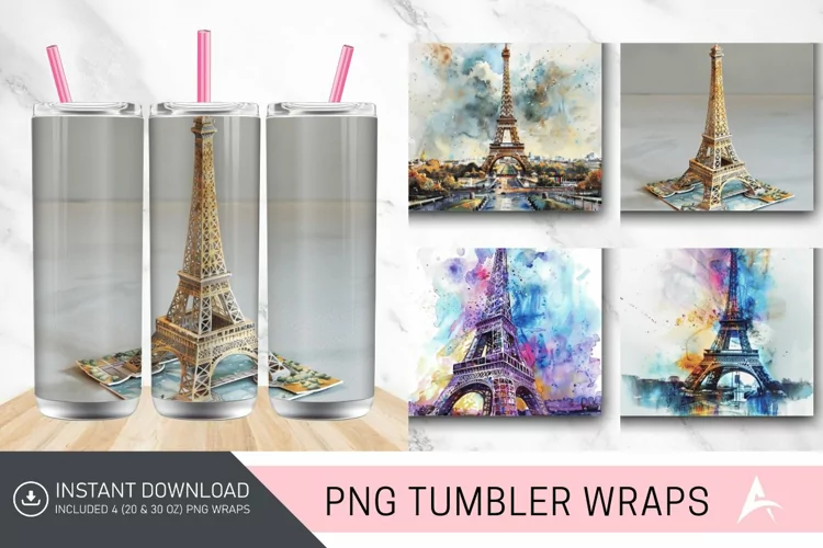 3D Eiffel Tower Watercolor Tumbler wrap