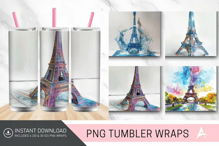 3D Eiffel Tower Watercolor Tumbler wrap