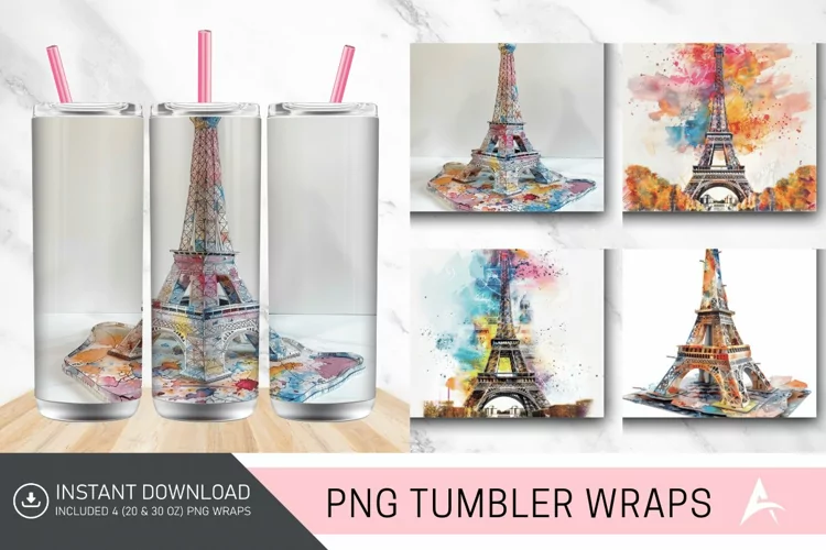3D Eiffel Tower Watercolor Tumbler wrap