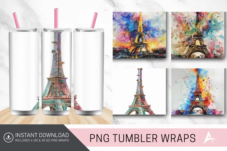 3D Eiffel Tower Watercolor Tumbler wrap