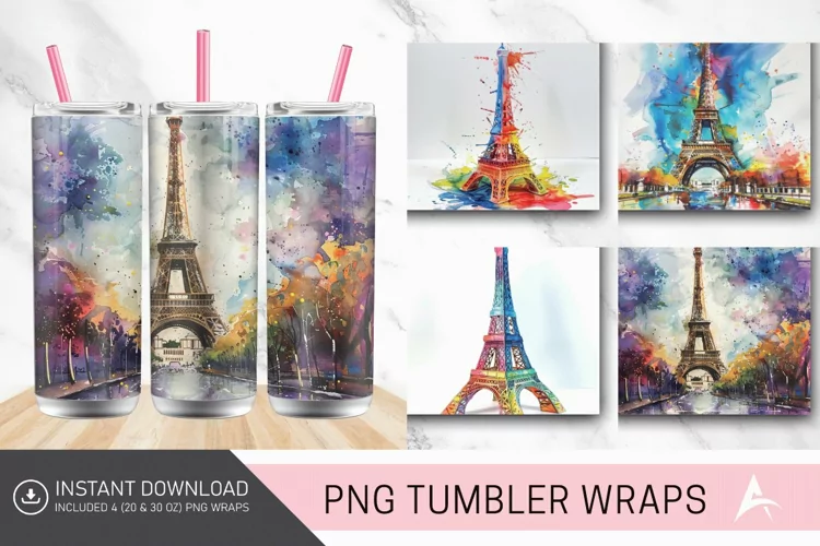 3D Eiffel Tower Watercolor Tumbler wrap