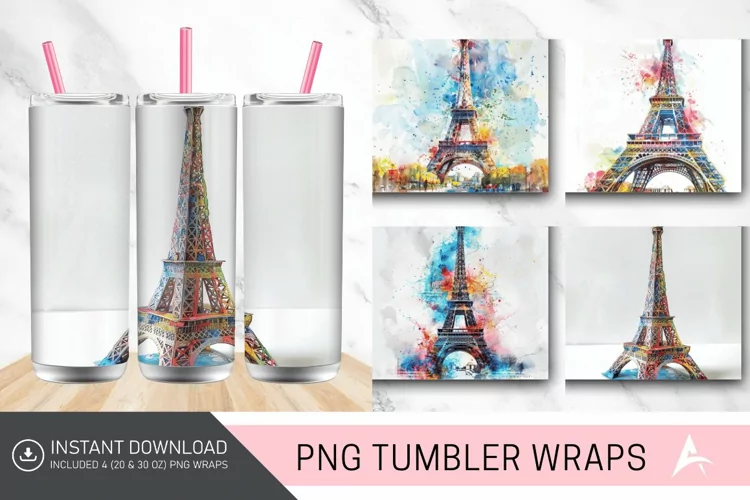 3D Eiffel Tower Watercolor Tumbler wrap