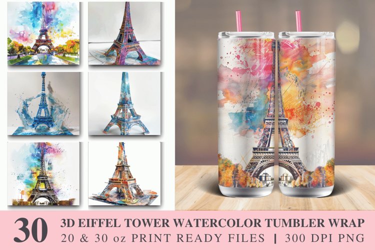 3D Eiffel Tower Watercolor Tumbler wrap Bundle