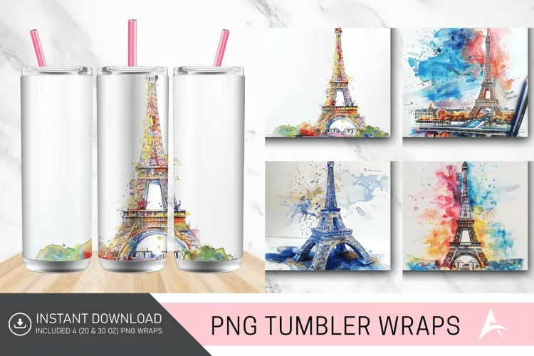 3D Eiffel Tower Watercolor Tumbler wrap