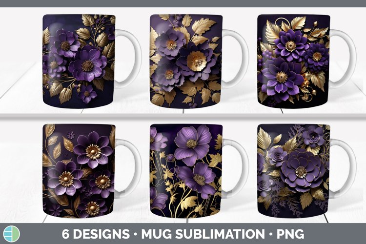 3D Elegant Violet Flowers Mug Wrap | Sublimation Coffee Cup