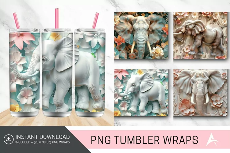 3D Elephant flowers Tumbler wrap