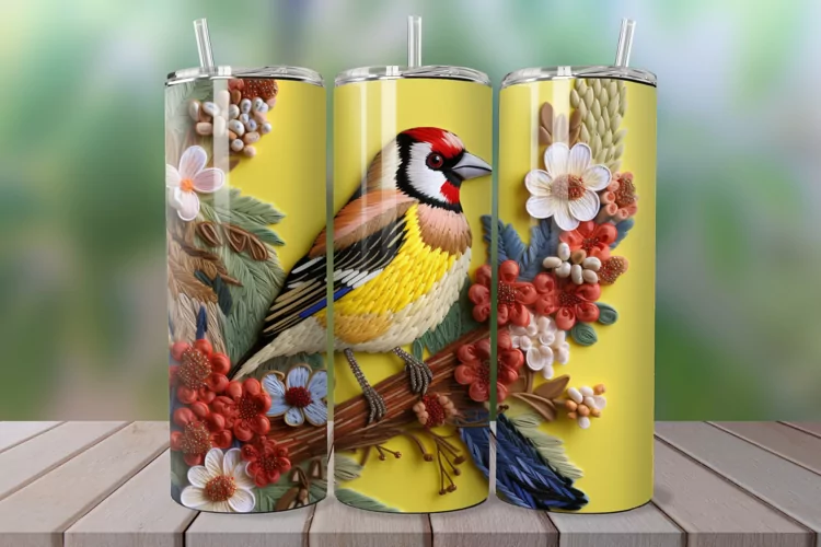 3D Embroidered Goldfinch 20oz/30oz Skinny Tumbler