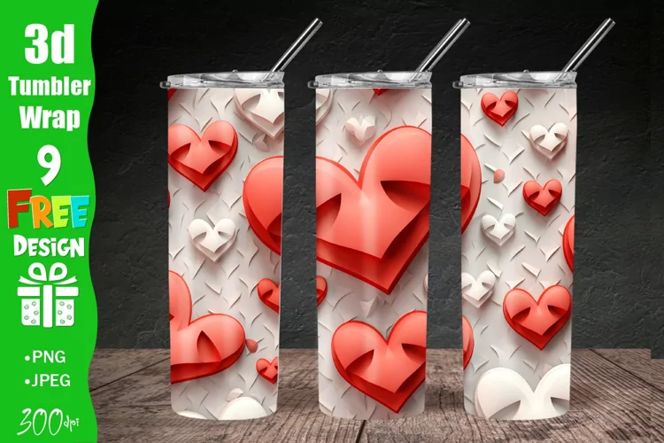 3D Heart Tumbler Wrap, 3D 20 oz Skinny Tumbler Sublimation
