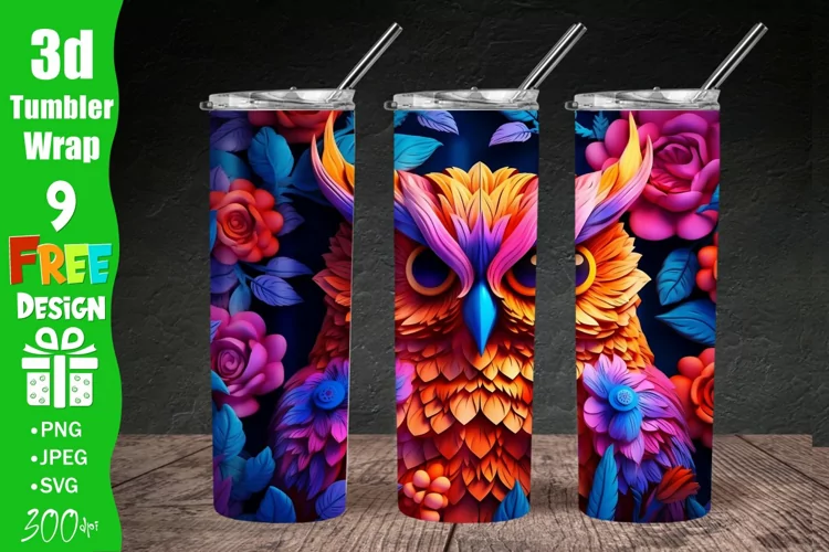 3D Embroidered Owl 20 oz Skinny Tumbler Sublimation Design
