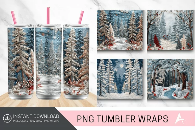 3D Embroidered Winter Forest Tumbler wrap