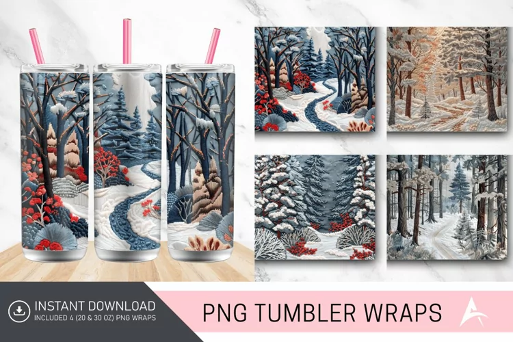 3D Embroidered Winter Forest Tumbler wrap