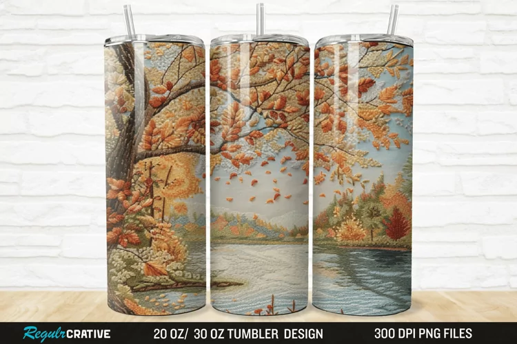 3D Embroidery Forest Landscape Tree 20/30oz Skinny Tumbler