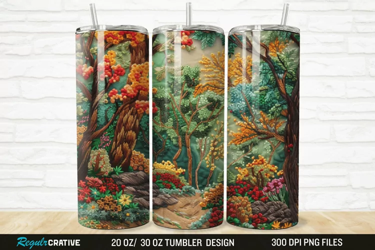 3D Embroidery Forest Landscape Tree 20/30oz Skinny Tumbler