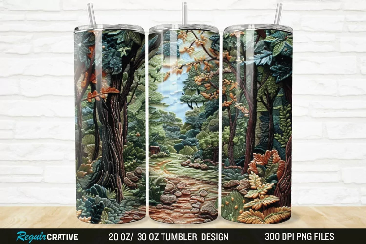 3D Embroidery Forest Landscape Tree 20/30oz Skinny Tumbler