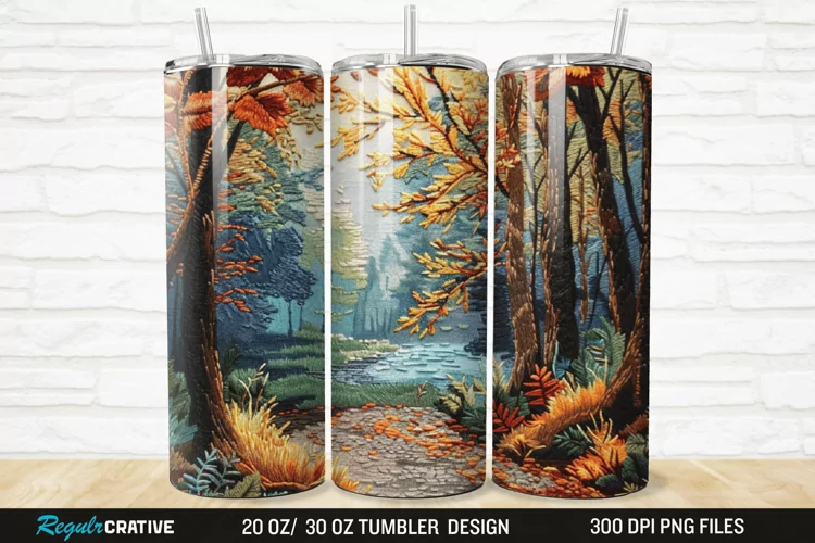 3D Embroidery Forest Landscape Tree 20/30oz Skinny Tumbler