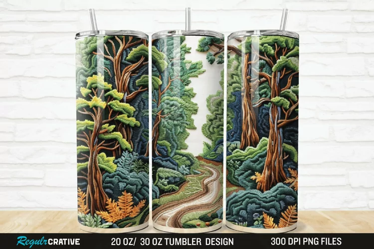 3D Embroidery Forest Landscape Tree 20/30oz Skinny Tumbler