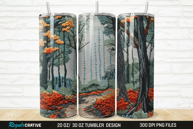 3D Embroidery Forest Landscape Tree 20/30oz Skinny Tumbler