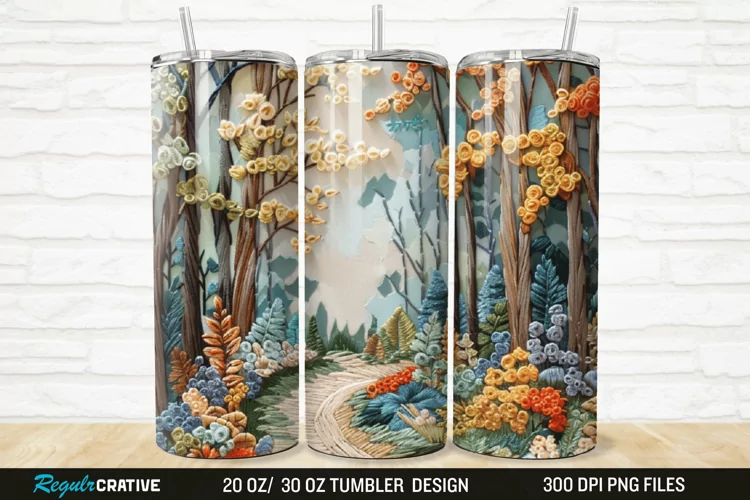 3D Embroidery Forest Landscape Tree 20/30oz Skinny Tumbler