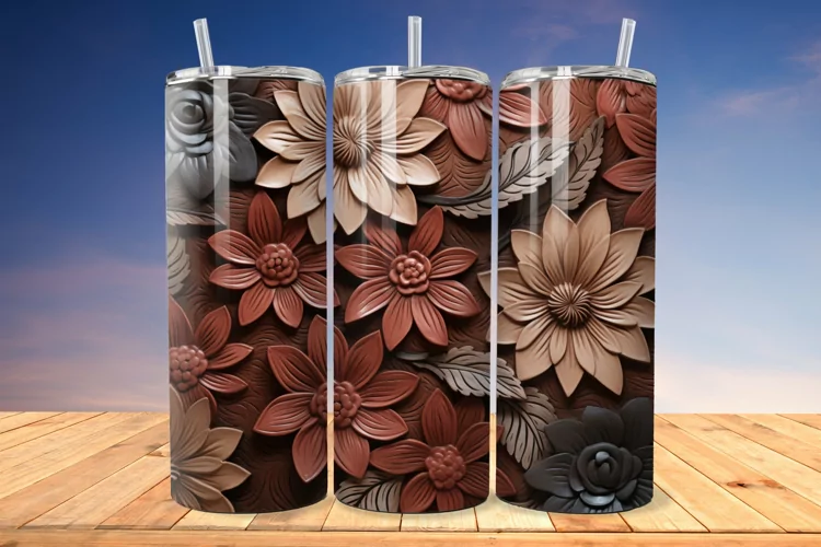 3D Engraved Leather Flower 20oz/30oz Tumbler PNG