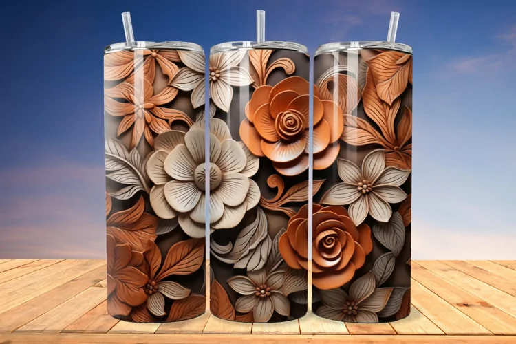 3D Engraved Leather Flower 20oz/30oz Tumbler PNG