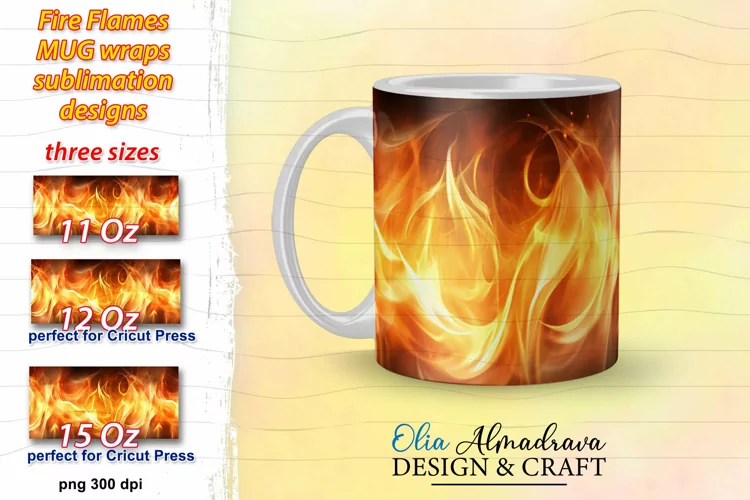 Mug Wrap Template| 3D Fire Flames Mug Sublimation Design PNG