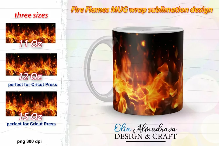 Mug Wrap Template| 3D Fire Flames Mug Sublimation Design PNG