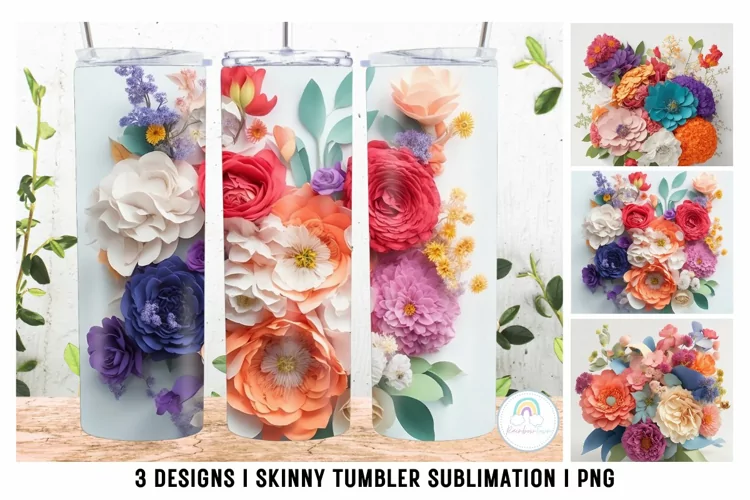 3D Paper Flowers Tumbler Sublimation PNG Tumbler Wrap