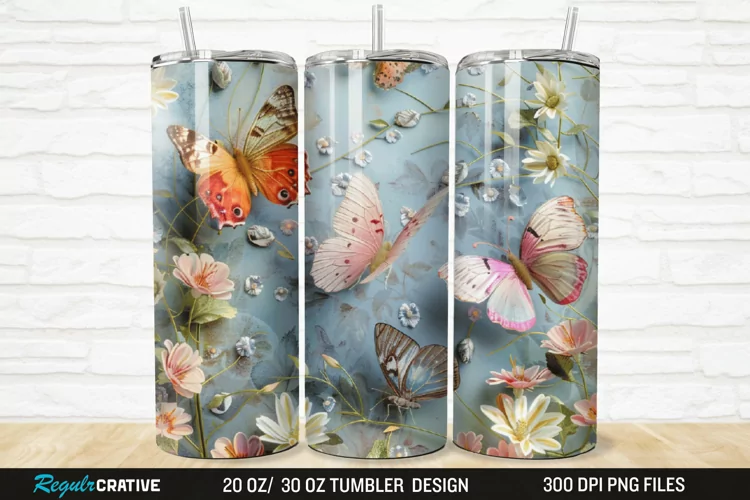 3D Floral Butterflies Botanical 20/30oz Skinny Tumbler