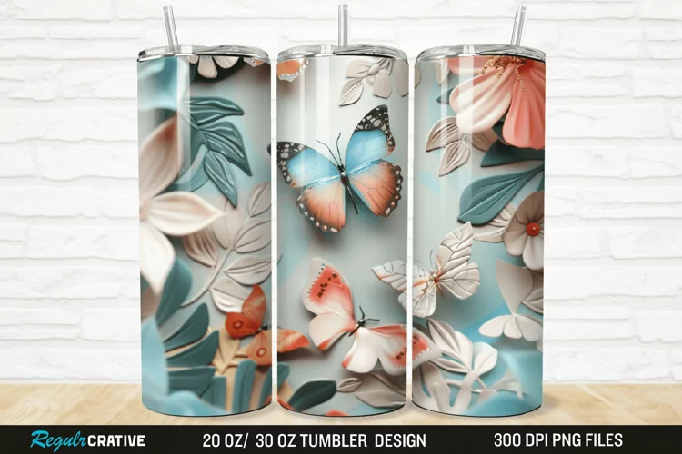 3D Floral Butterflies Botanical 20/30oz Skinny Tumbler
