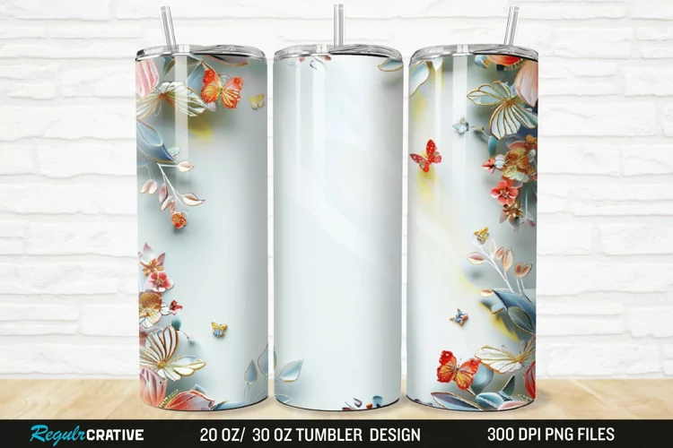 3D Floral Butterflies Botanical 20/30oz Skinny Tumbler