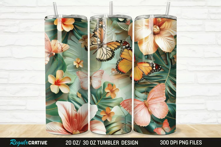 3D Floral Butterflies Botanical 20/30oz Skinny Tumbler