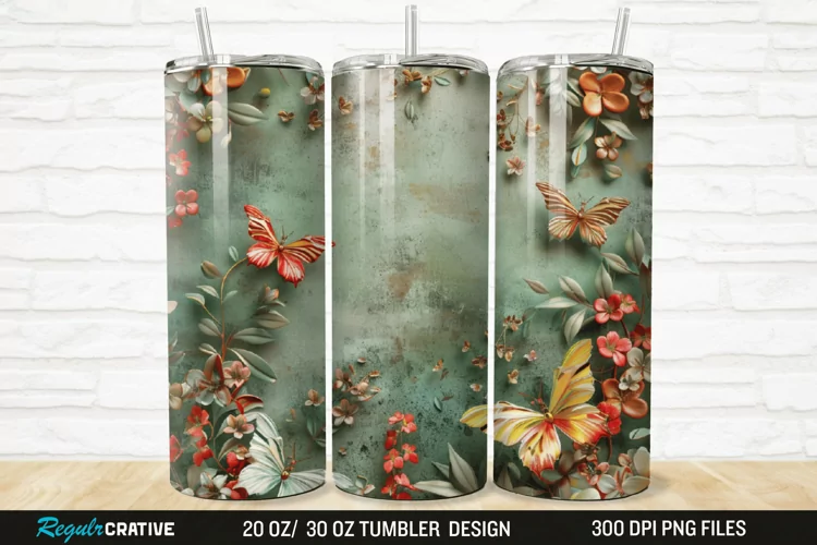3D Floral Butterflies Botanical 20/30oz Skinny Tumbler