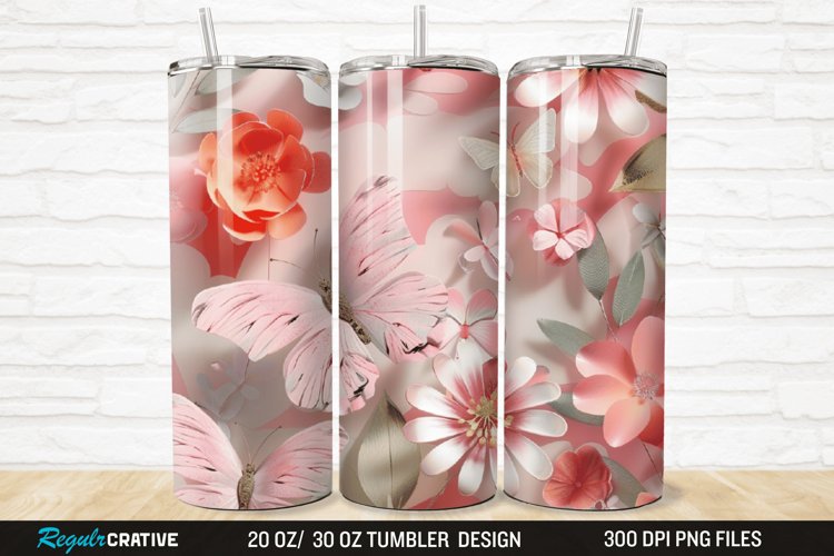 3D Floral Butterflies Botanical 20/30oz Skinny Tumbler example image 1