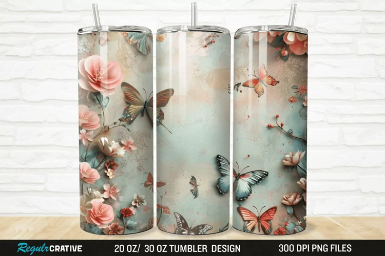 3D Floral Butterflies Botanical 20/30oz Skinny Tumbler