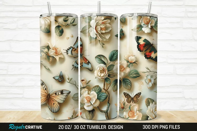 3D Floral Butterflies Botanical 20/30oz Skinny Tumbler