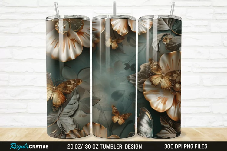 3D Floral Butterflies Botanical 20/30oz Skinny Tumbler