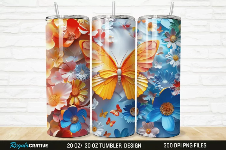 3D Floral Butterfly 20/30oz Skinny Tumbler