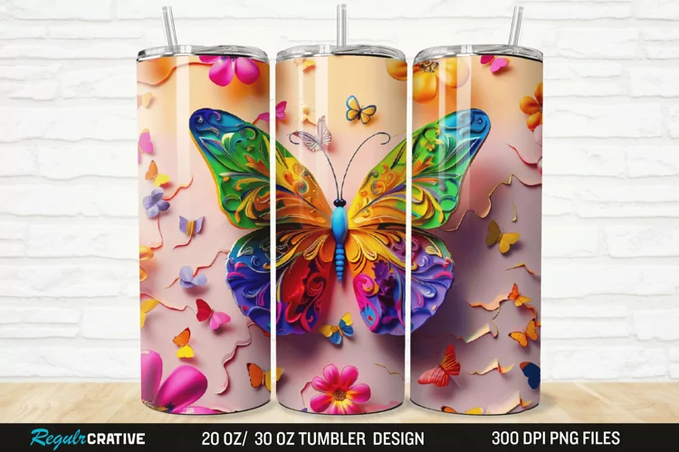 3D Floral Butterfly 20/30oz Skinny Tumbler