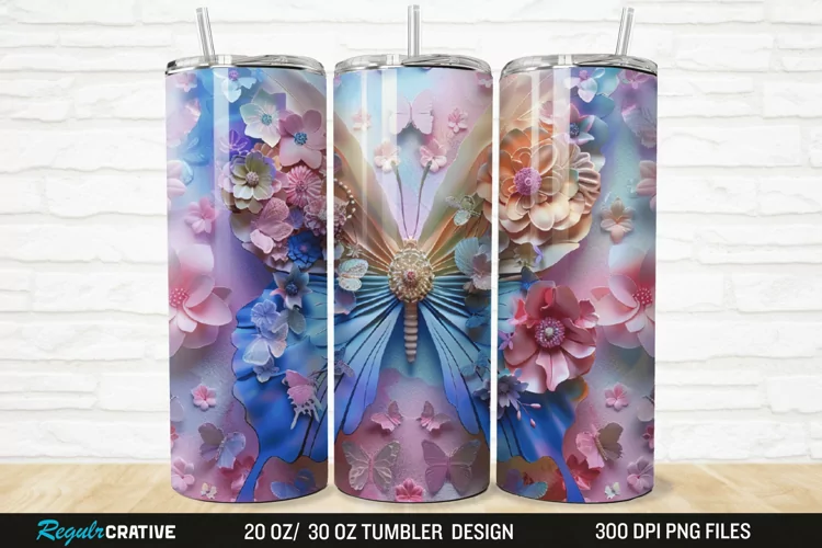 3D Floral Butterfly 20/30oz Skinny Tumbler