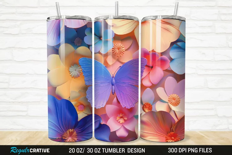 3D Floral Butterfly 20/30oz Skinny Tumbler