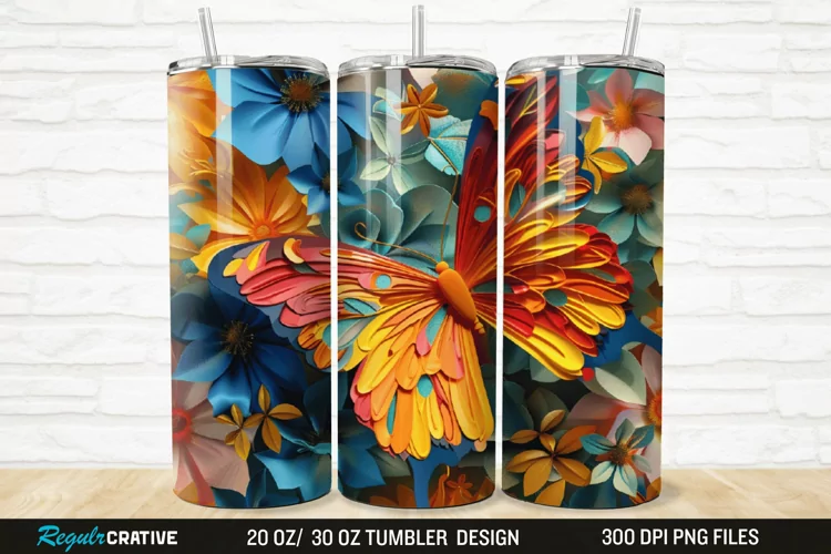 3D Floral Butterfly 20/30oz Skinny Tumbler